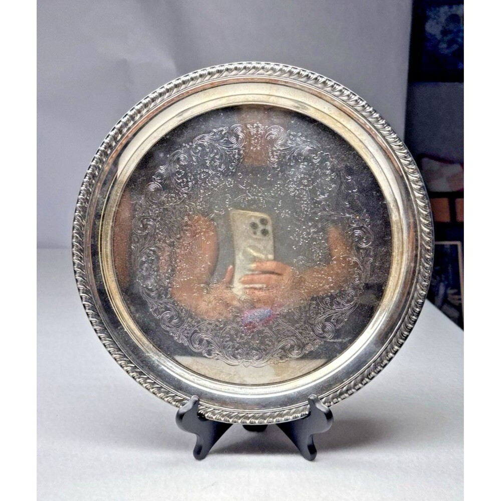 International Silver Co Round Silverplate Serving Tray Engraved Floral Vintage
